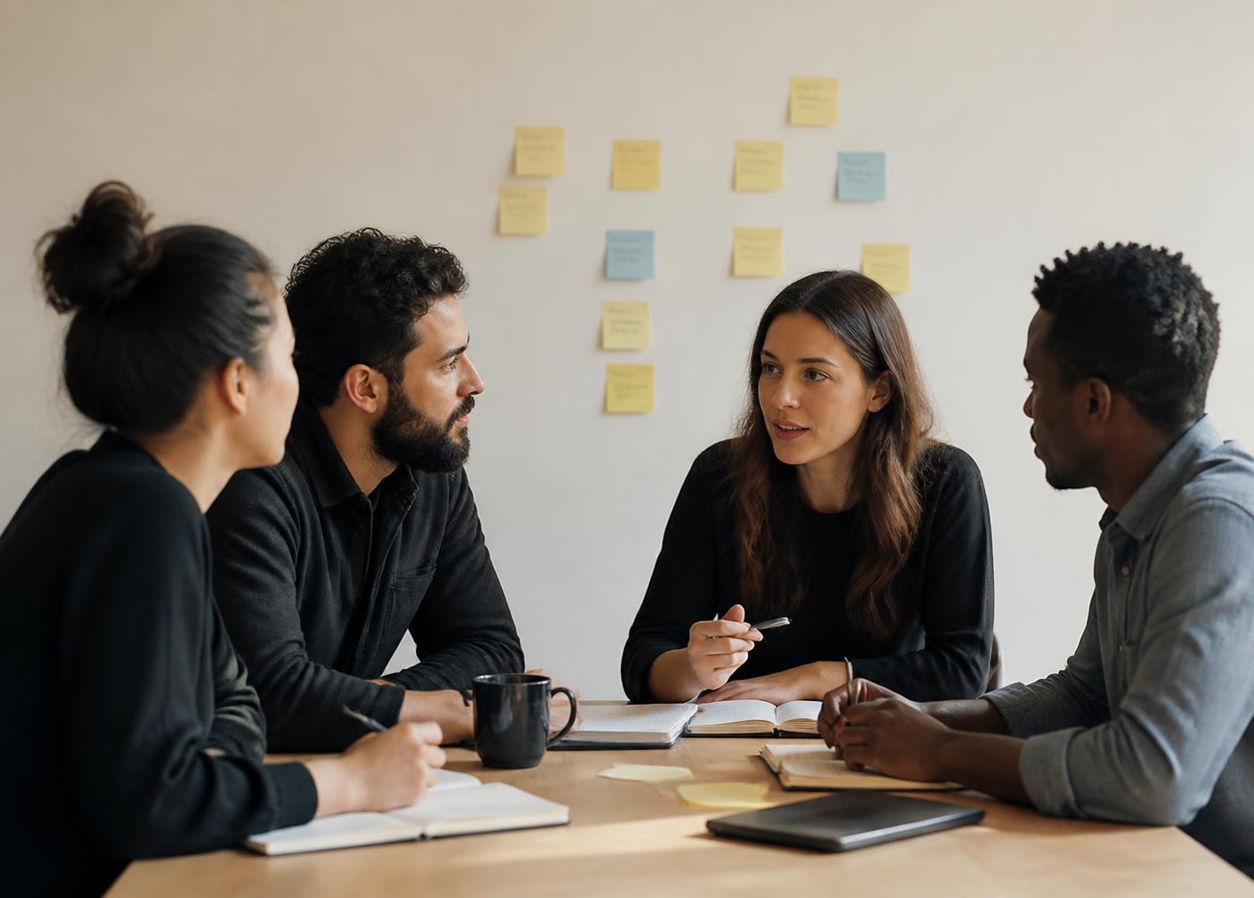 A small team in a collaborative strategy session with notes on the wall