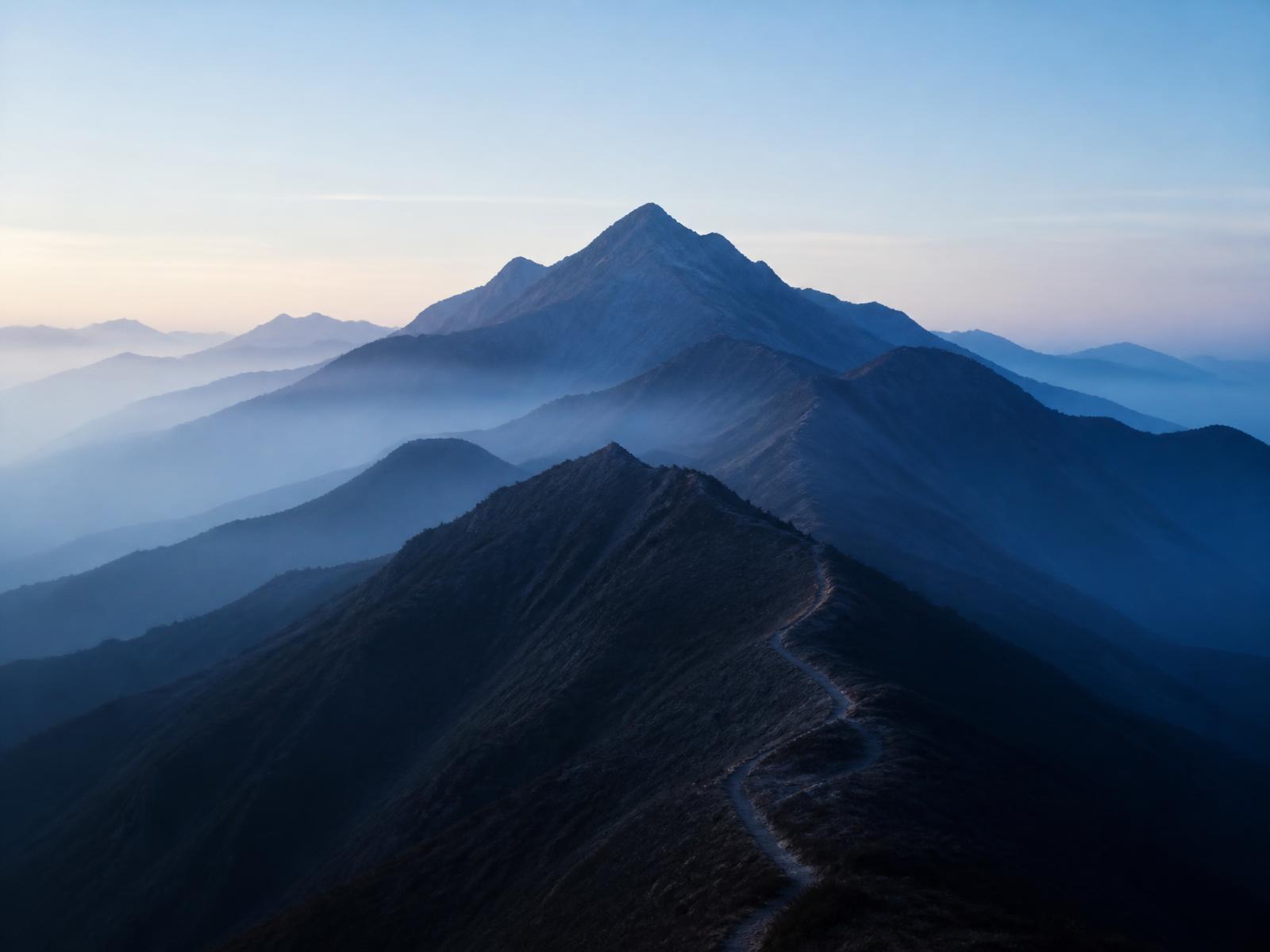 Layered mountain ridges at dawn with a trail leading to the summit